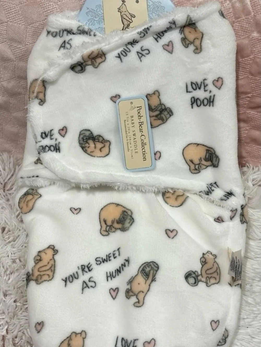 White & Pink Baby Swaddle - Love Pooh Print